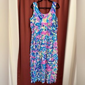 Beachtime by Lulu B Hearts Ruffle Blues Cha Cha Maxi Dress Women’s L